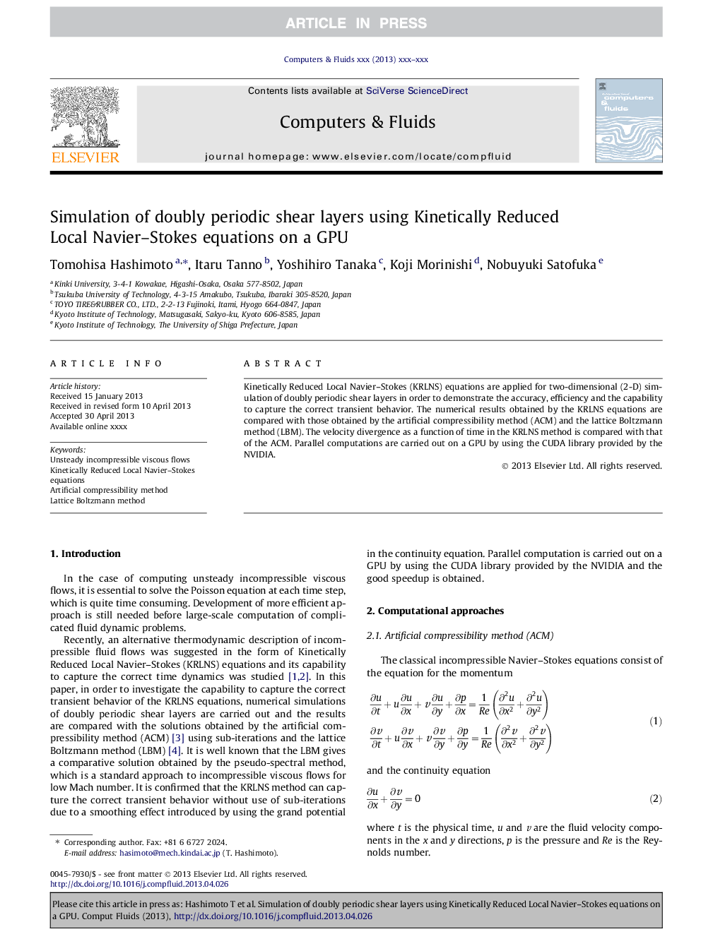 Simulation of doubly periodic shear layers using Kinetically Reduced Local Navier-Stokes equations on a GPU