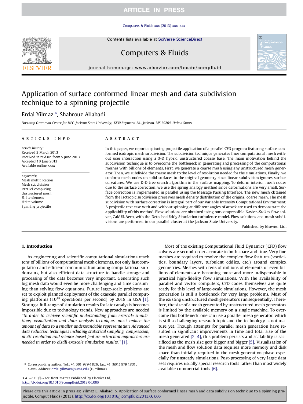 Application of surface conformed linear mesh and data subdivision technique to a spinning projectile