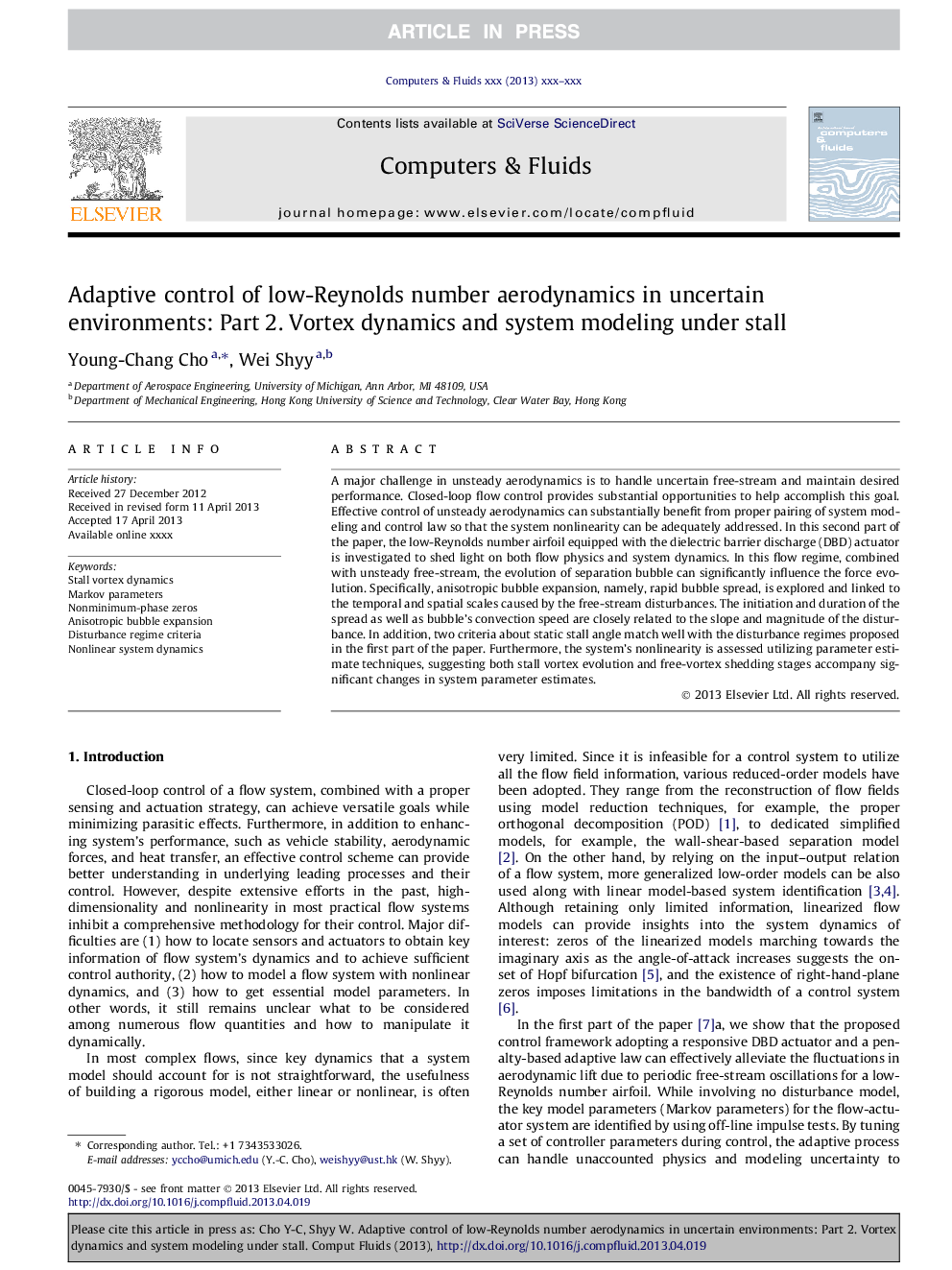 Adaptive control of low-Reynolds number aerodynamics in uncertain environments: Part 2. Vortex dynamics and system modeling under stall