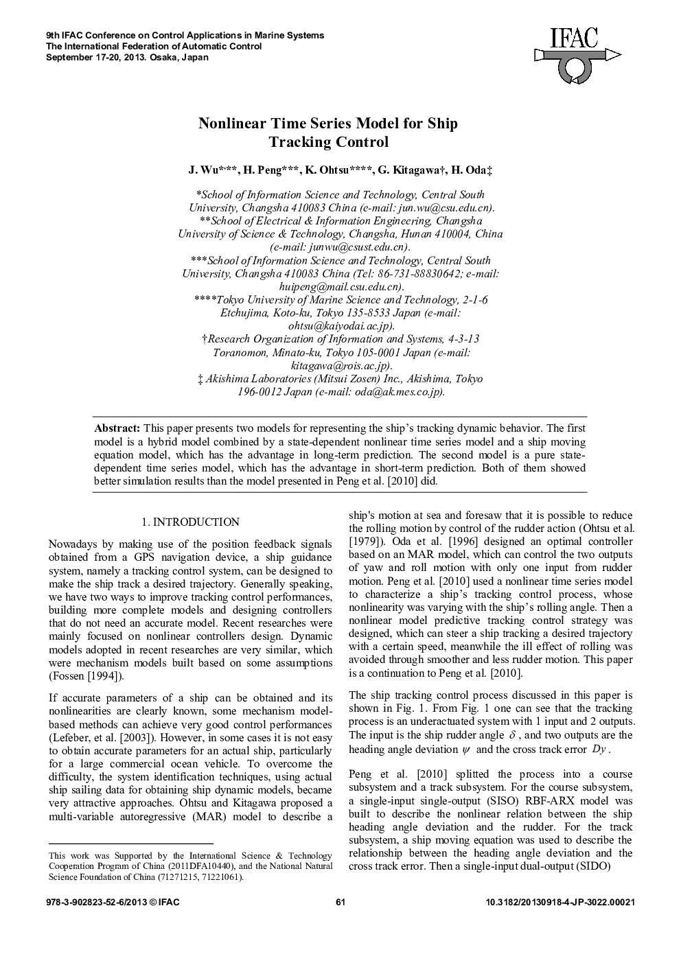 Nonlinear Time Series Model for Ship Tracking Control 