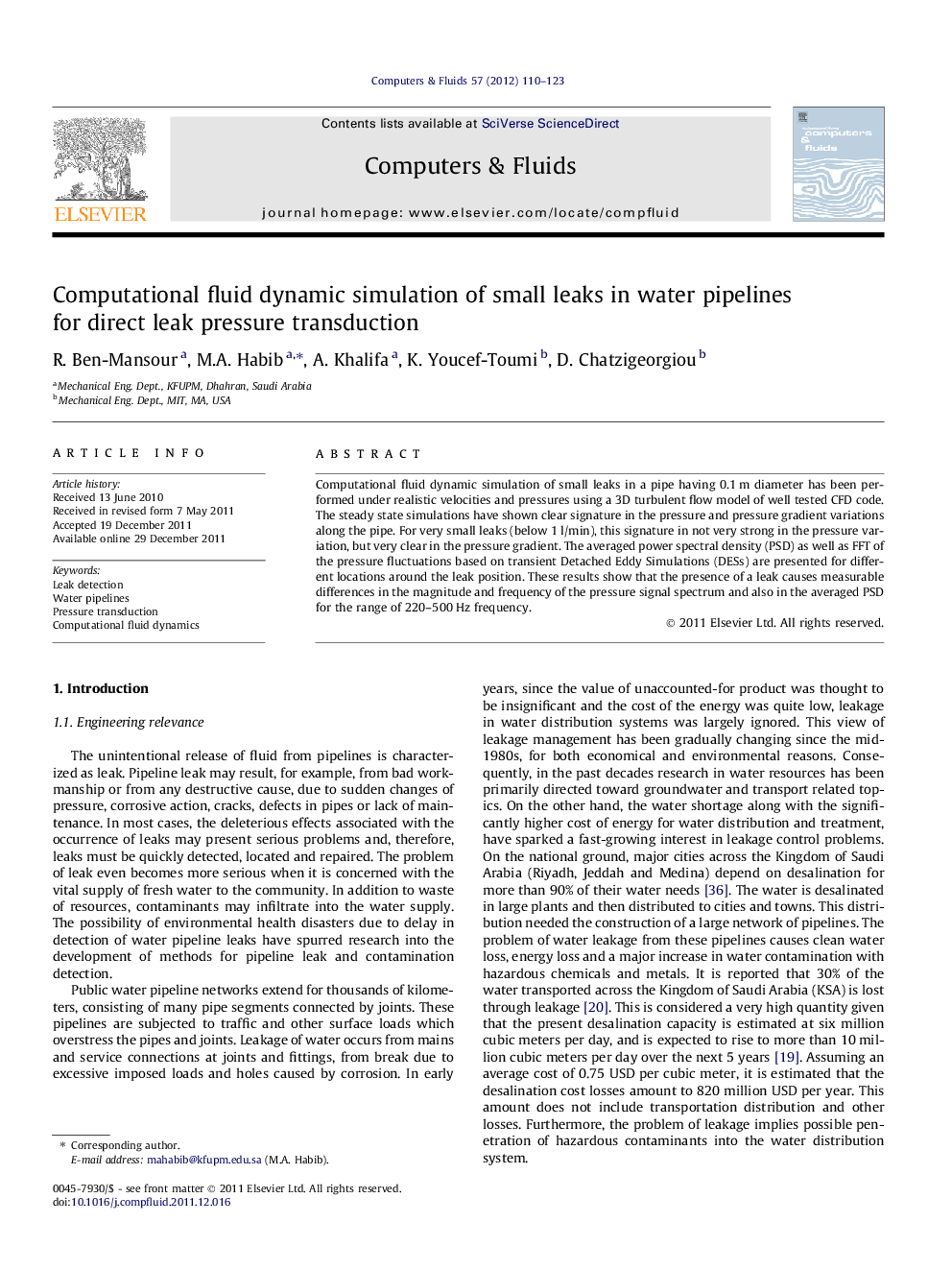 Computational fluid dynamic simulation of small leaks in water pipelines for direct leak pressure transduction