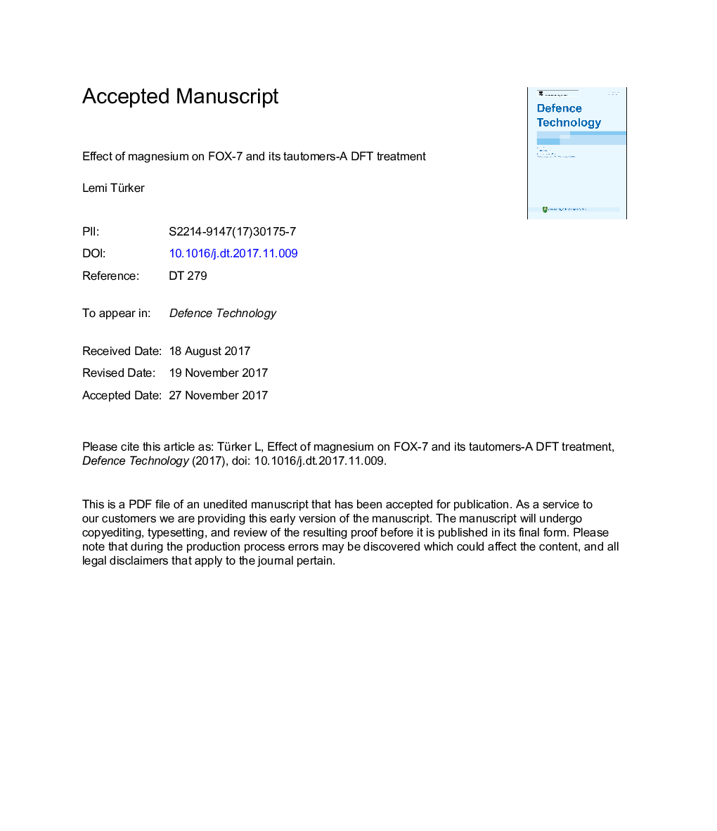 Effect of magnesium on FOX-7 and its tautomers-A DFT treatment