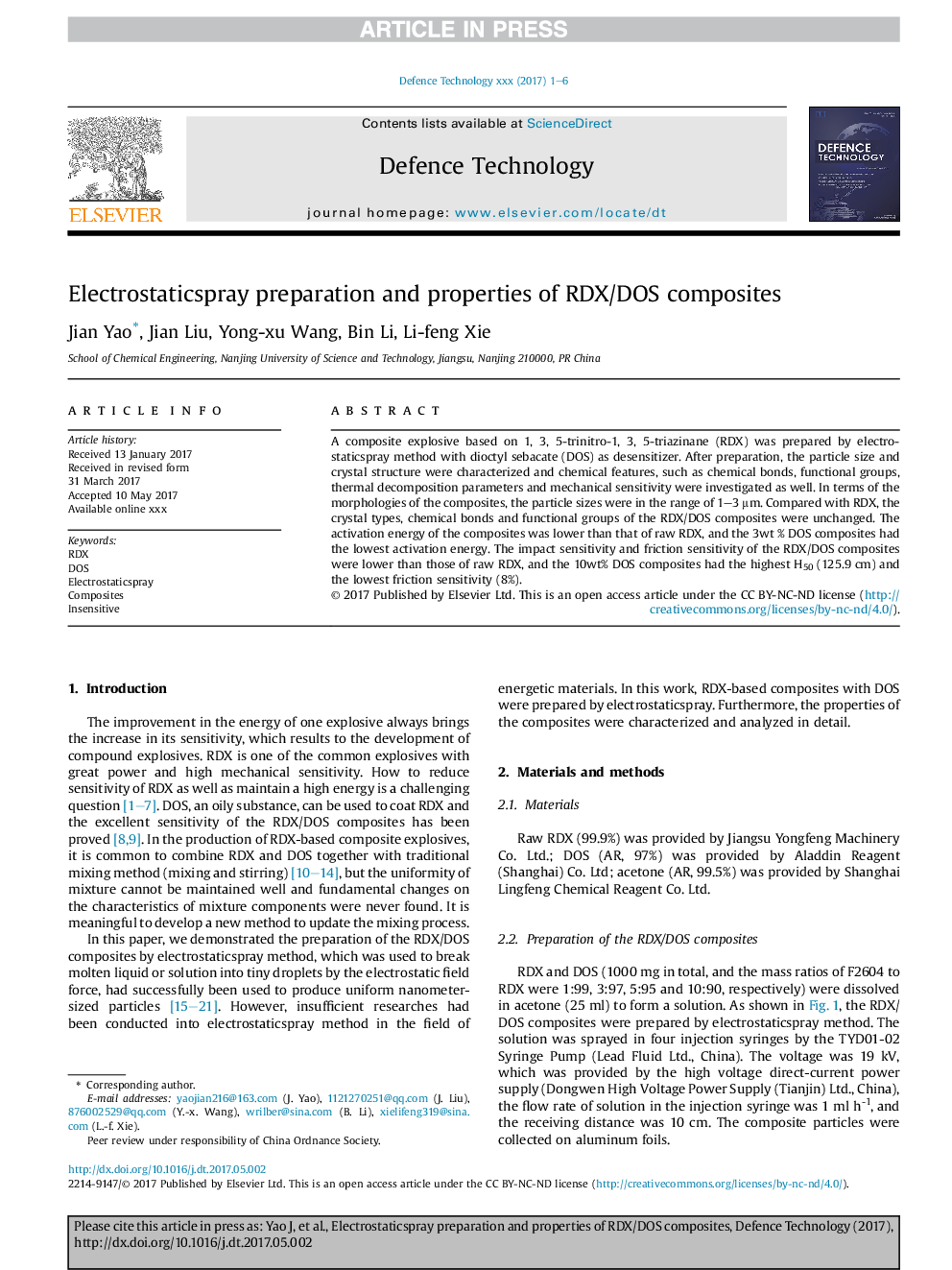 Electrostaticspray preparation and properties of RDX/DOS composites