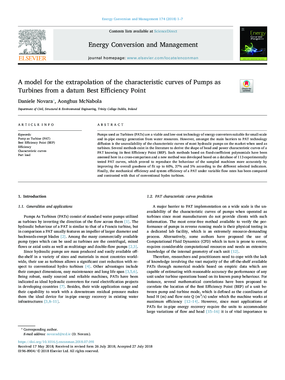 A model for the extrapolation of the characteristic curves of Pumps as Turbines from a datum Best Efficiency Point