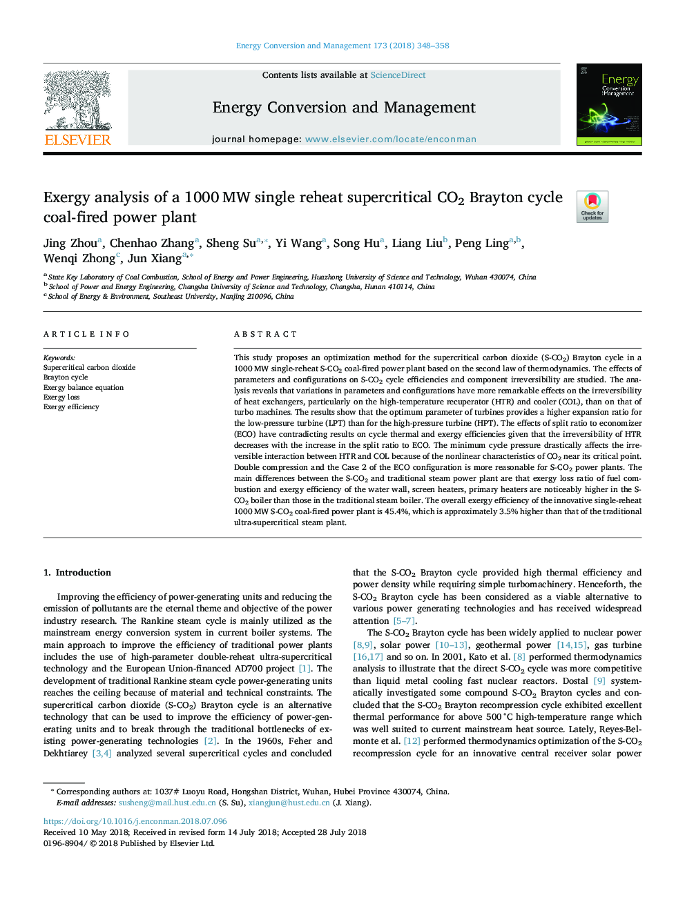 Exergy analysis of a 1000â¯MW single reheat supercritical CO2 Brayton cycle coal-fired power plant