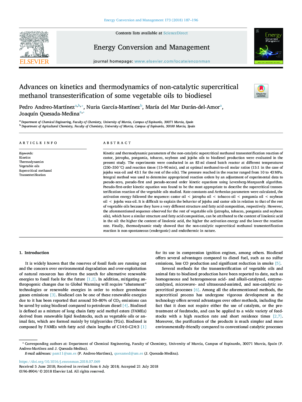 Advances on kinetics and thermodynamics of non-catalytic supercritical methanol transesterification of some vegetable oils to biodiesel