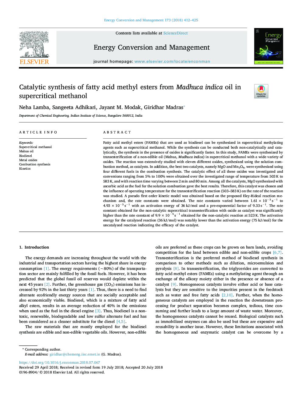 Catalytic synthesis of fatty acid methyl esters from Madhuca indica oil in supercritical methanol