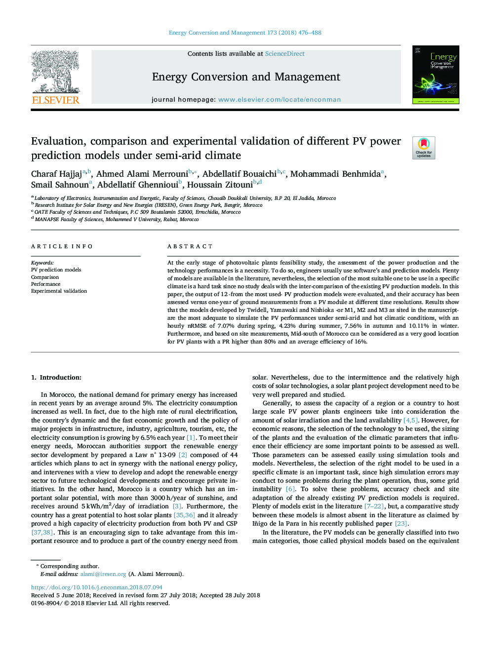 Evaluation, comparison and experimental validation of different PV power prediction models under semi-arid climate