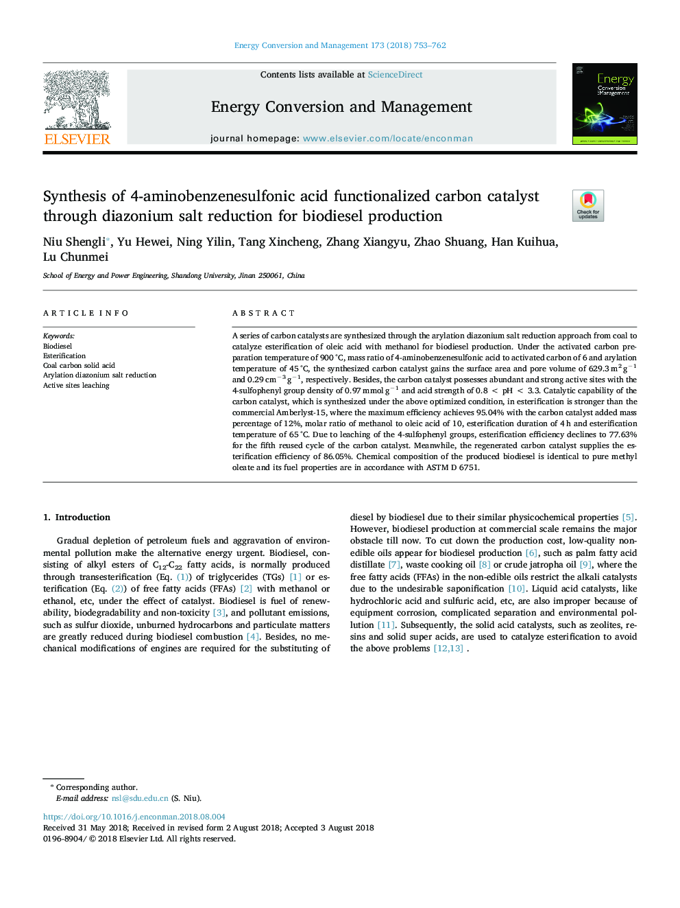 Synthesis of 4-aminobenzenesulfonic acid functionalized carbon catalyst through diazonium salt reduction for biodiesel production