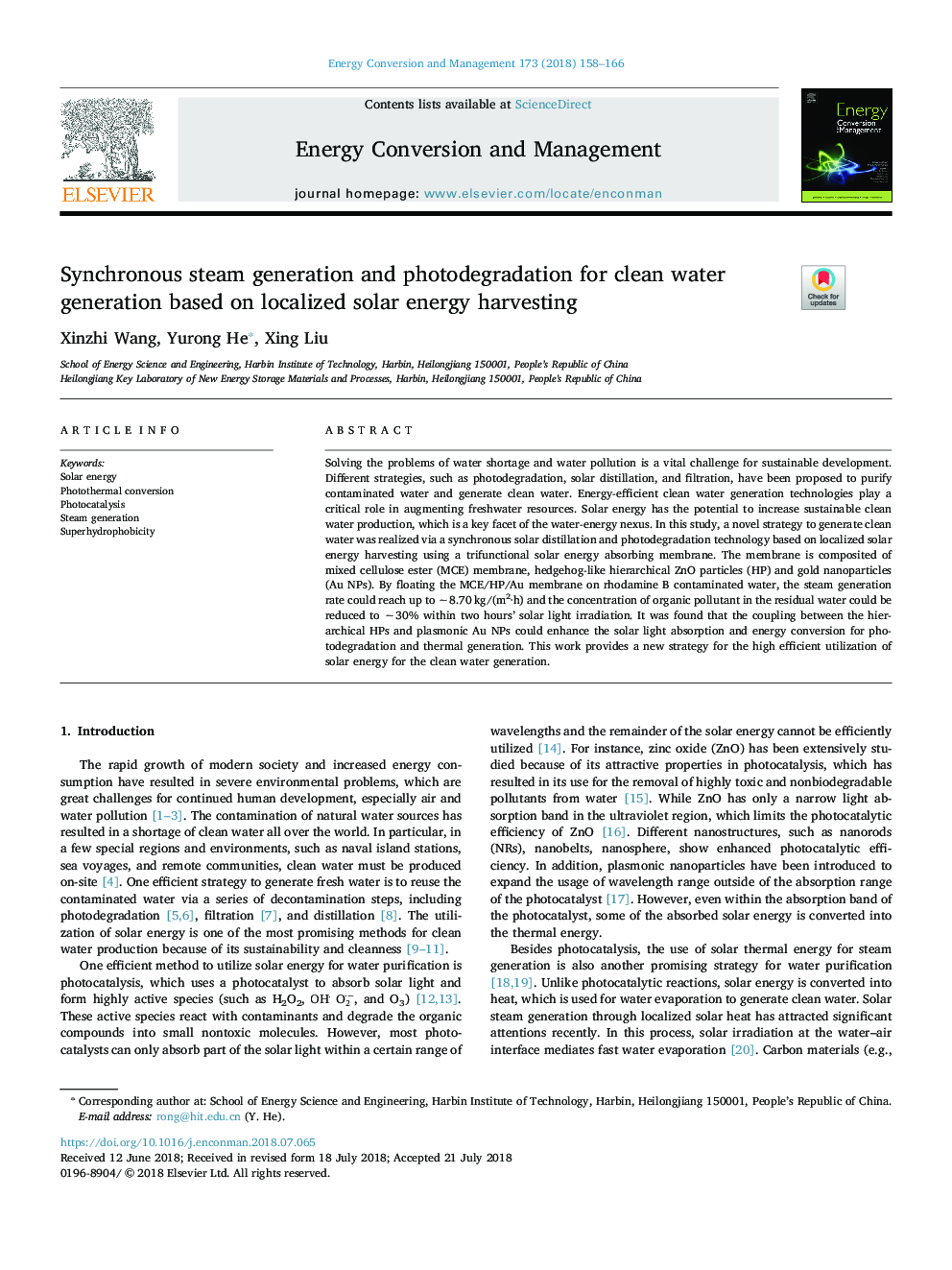 Synchronous steam generation and photodegradation for clean water generation based on localized solar energy harvesting