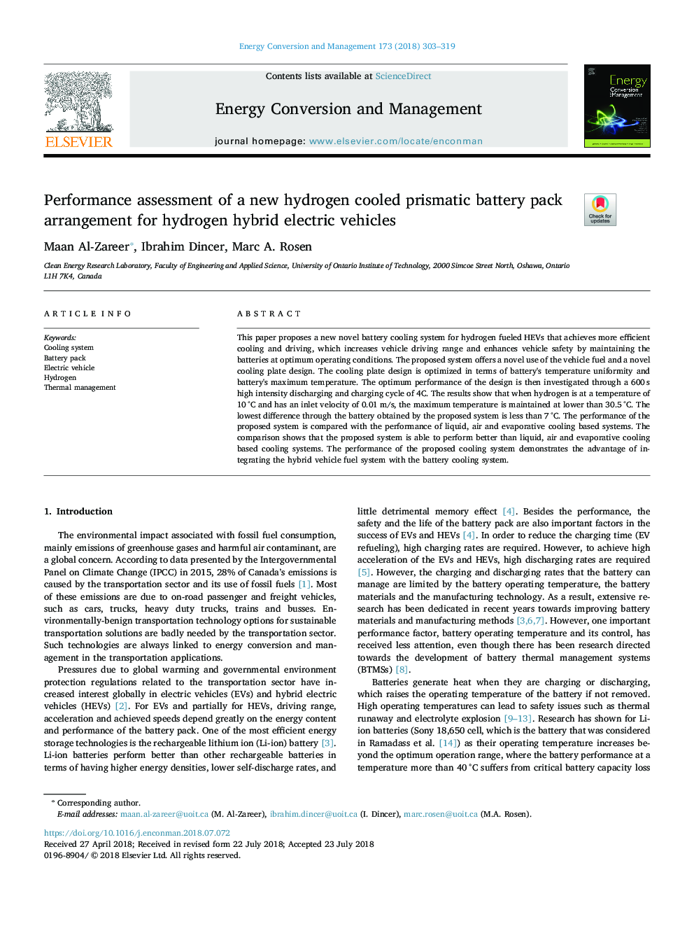 Performance assessment of a new hydrogen cooled prismatic battery pack arrangement for hydrogen hybrid electric vehicles