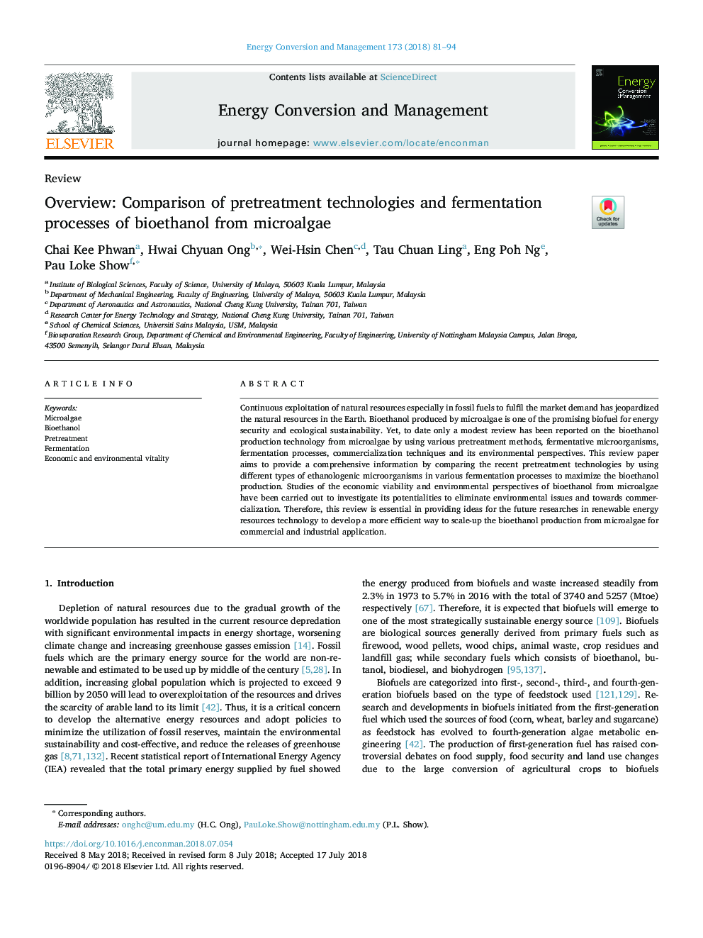 Overview: Comparison of pretreatment technologies and fermentation processes of bioethanol from microalgae