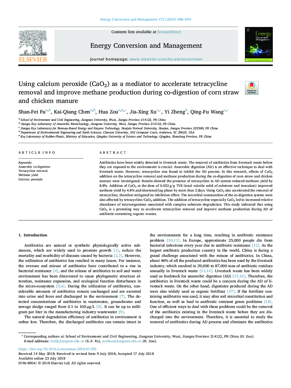 Using calcium peroxide (CaO2) as a mediator to accelerate tetracycline removal and improve methane production during co-digestion of corn straw and chicken manure