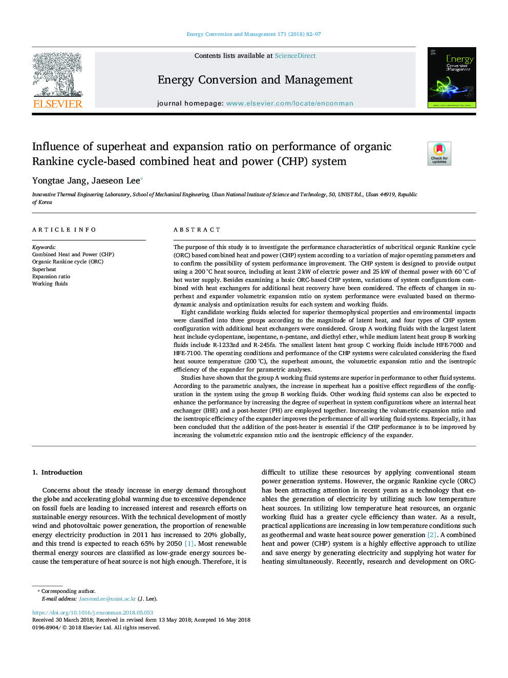 Influence of superheat and expansion ratio on performance of organic Rankine cycle-based combined heat and power (CHP) system
