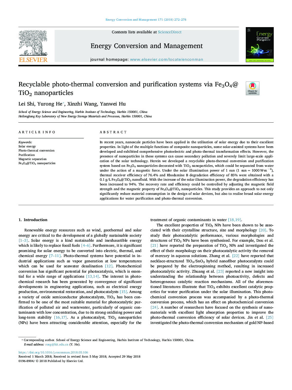 Recyclable photo-thermal conversion and purification systems via Fe3O4@TiO2 nanoparticles