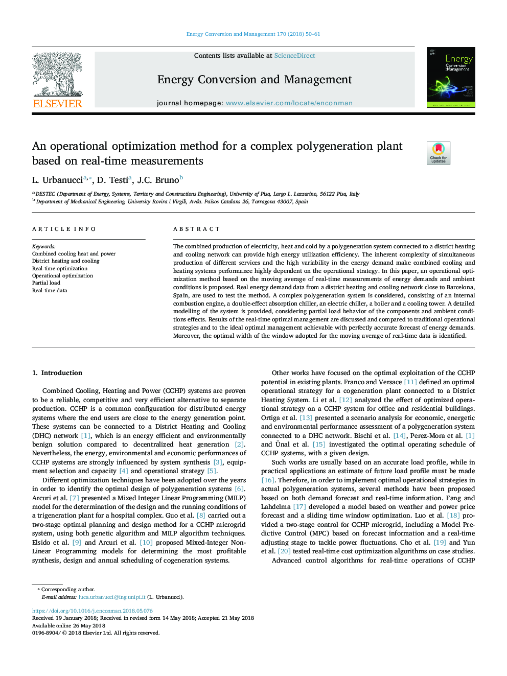 An operational optimization method for a complex polygeneration plant based on real-time measurements