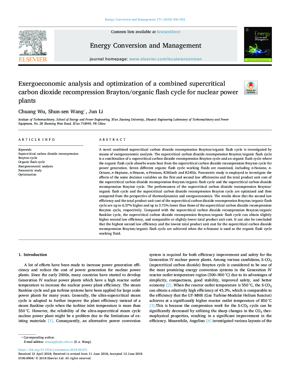 Exergoeconomic analysis and optimization of a combined supercritical carbon dioxide recompression Brayton/organic flash cycle for nuclear power plants
