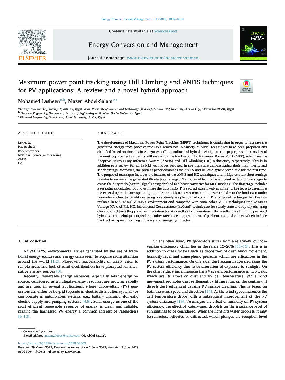 Maximum power point tracking using Hill Climbing and ANFIS techniques for PV applications: A review and a novel hybrid approach