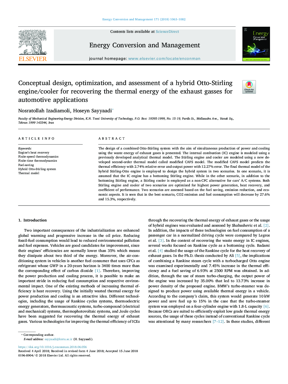 Conceptual design, optimization, and assessment of a hybrid Otto-Stirling engine/cooler for recovering the thermal energy of the exhaust gasses for automotive applications