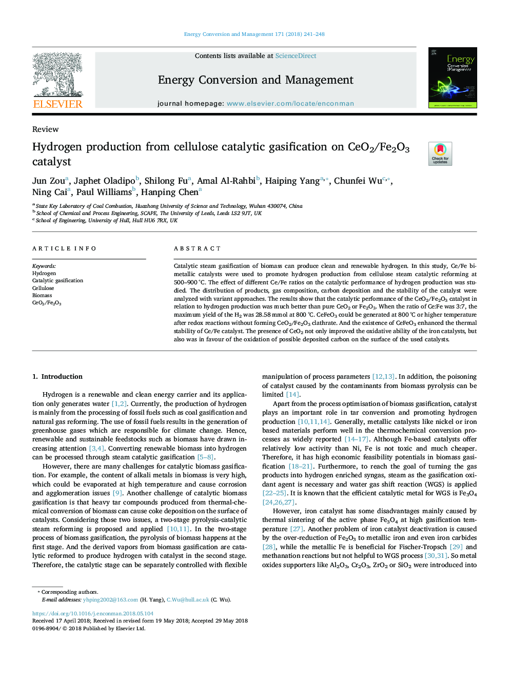 Hydrogen production from cellulose catalytic gasification on CeO2/Fe2O3 catalyst