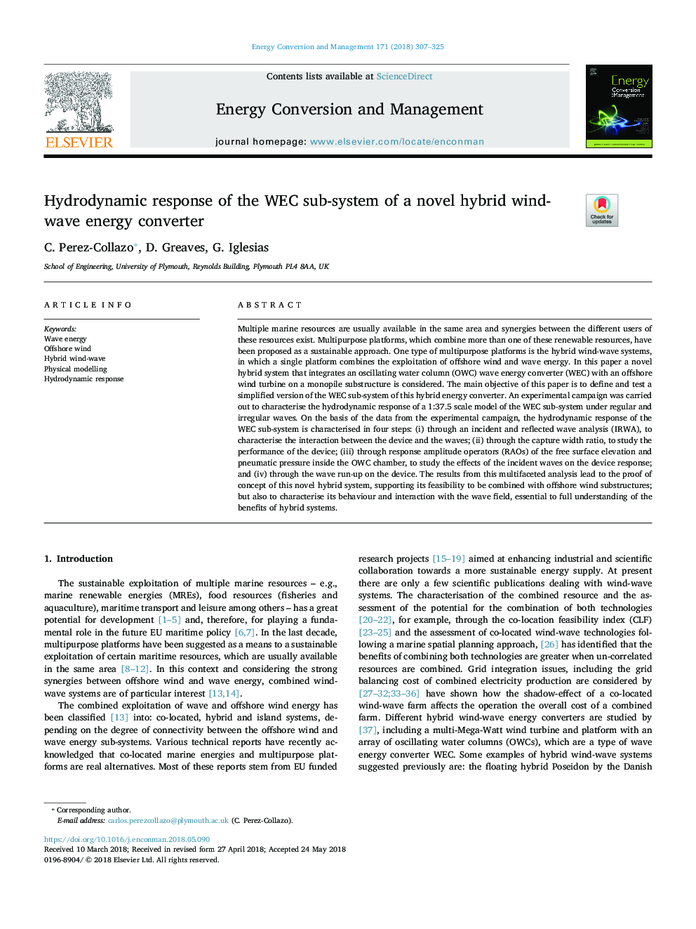 Hydrodynamic response of the WEC sub-system of a novel hybrid wind-wave energy converter