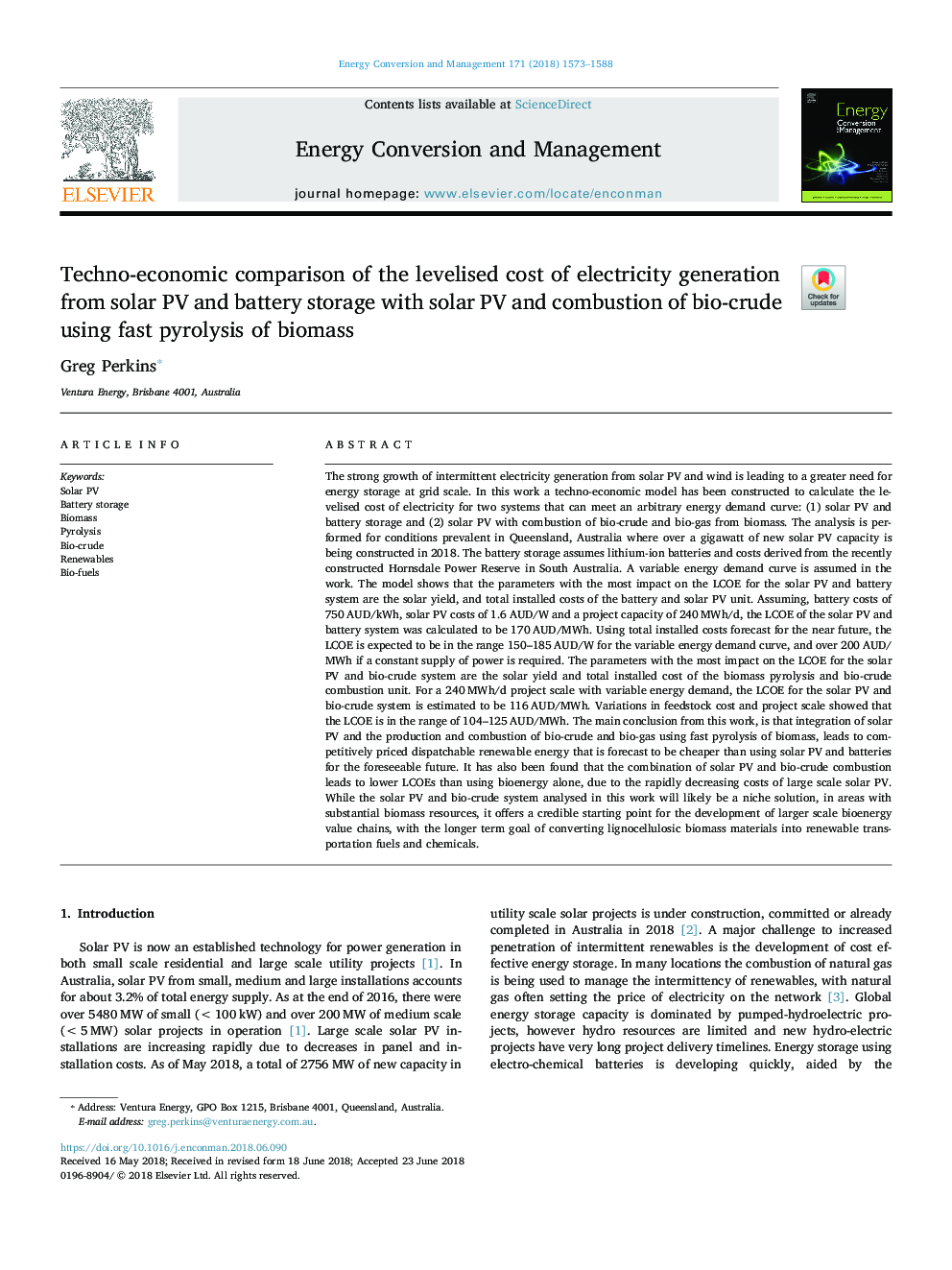 Techno-economic comparison of the levelised cost of electricity generation from solar PV and battery storage with solar PV and combustion of bio-crude using fast pyrolysis of biomass