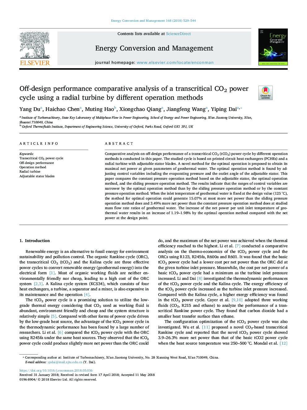 Off-design performance comparative analysis of a transcritical CO2 power cycle using a radial turbine by different operation methods