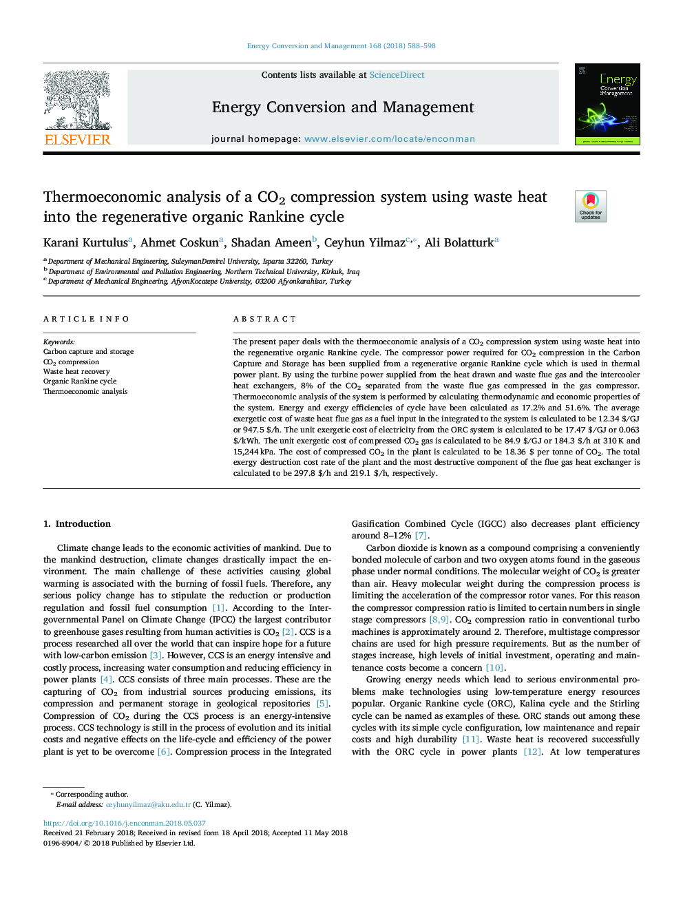 Thermoeconomic analysis of a CO2 compression system using waste heat into the regenerative organic Rankine cycle