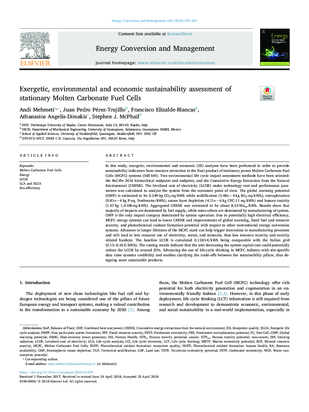 Exergetic, environmental and economic sustainability assessment of stationary Molten Carbonate Fuel Cells