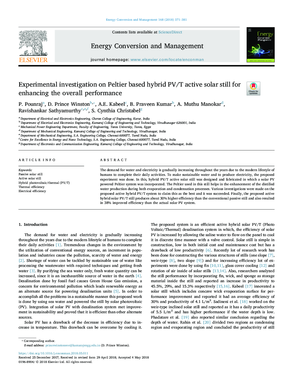 Experimental investigation on Peltier based hybrid PV/T active solar still for enhancing the overall performance