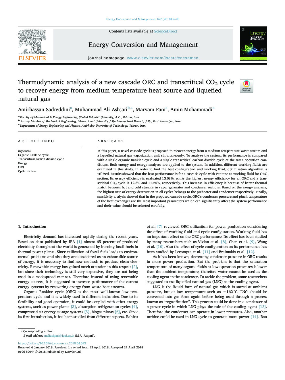 Thermodynamic analysis of a new cascade ORC and transcritical CO2 cycle to recover energy from medium temperature heat source and liquefied natural gas