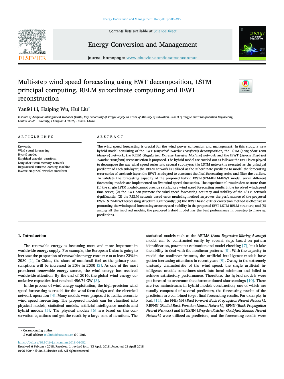 Multi-step wind speed forecasting using EWT decomposition, LSTM principal computing, RELM subordinate computing and IEWT reconstruction