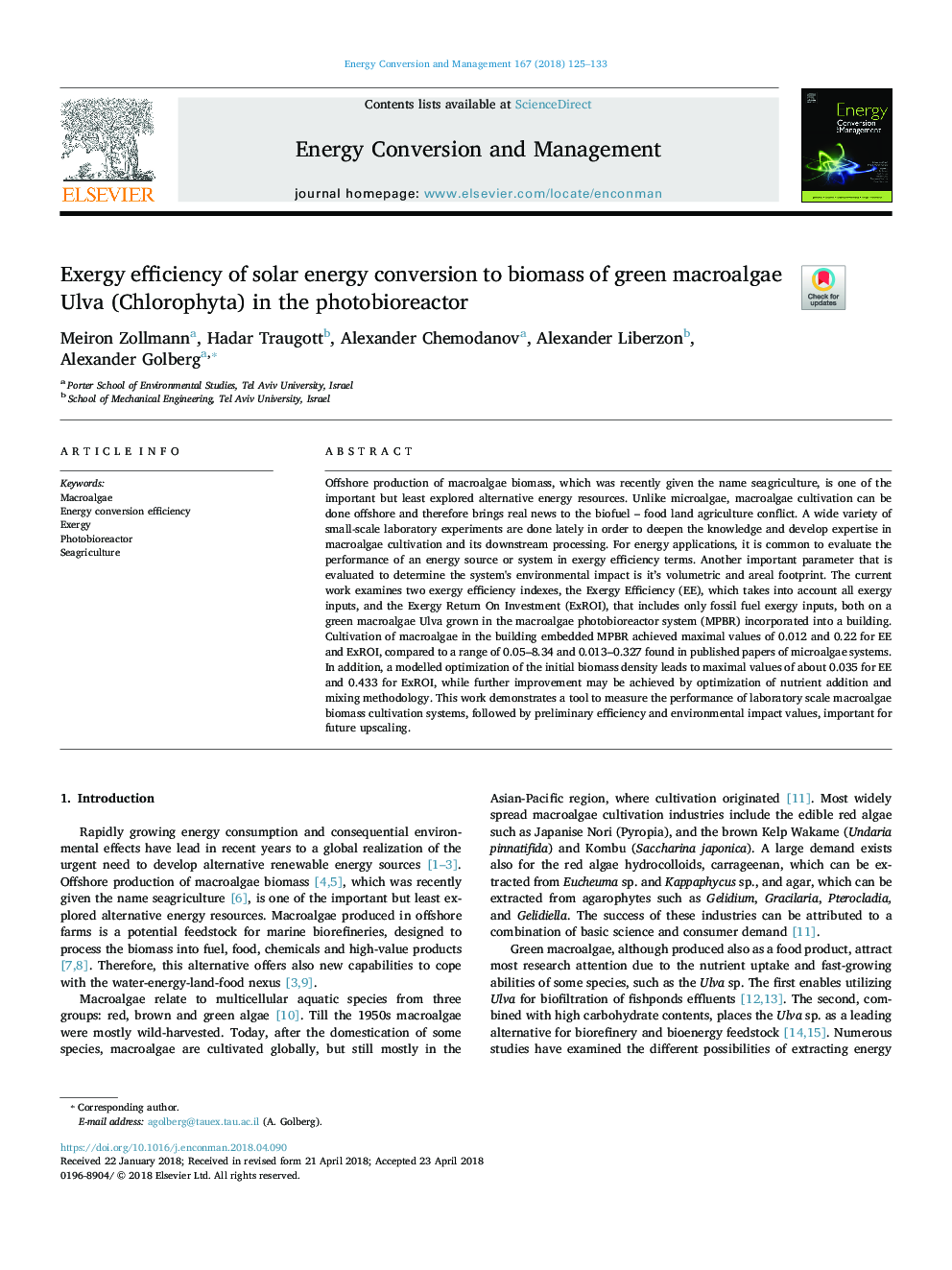 Exergy efficiency of solar energy conversion to biomass of green macroalgae Ulva (Chlorophyta) in the photobioreactor