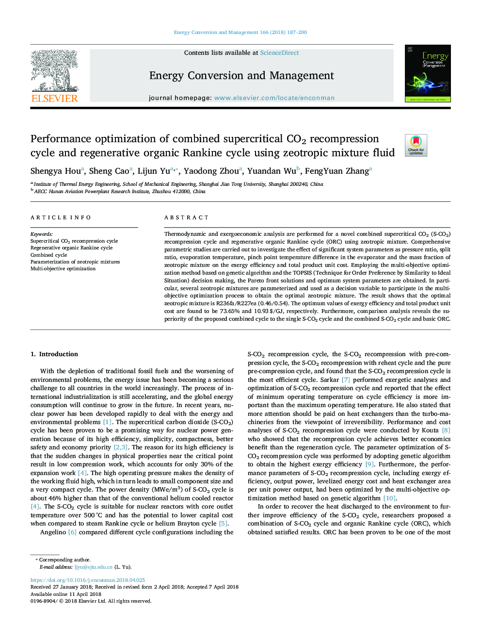 Performance optimization of combined supercritical CO2 recompression cycle and regenerative organic Rankine cycle using zeotropic mixture fluid