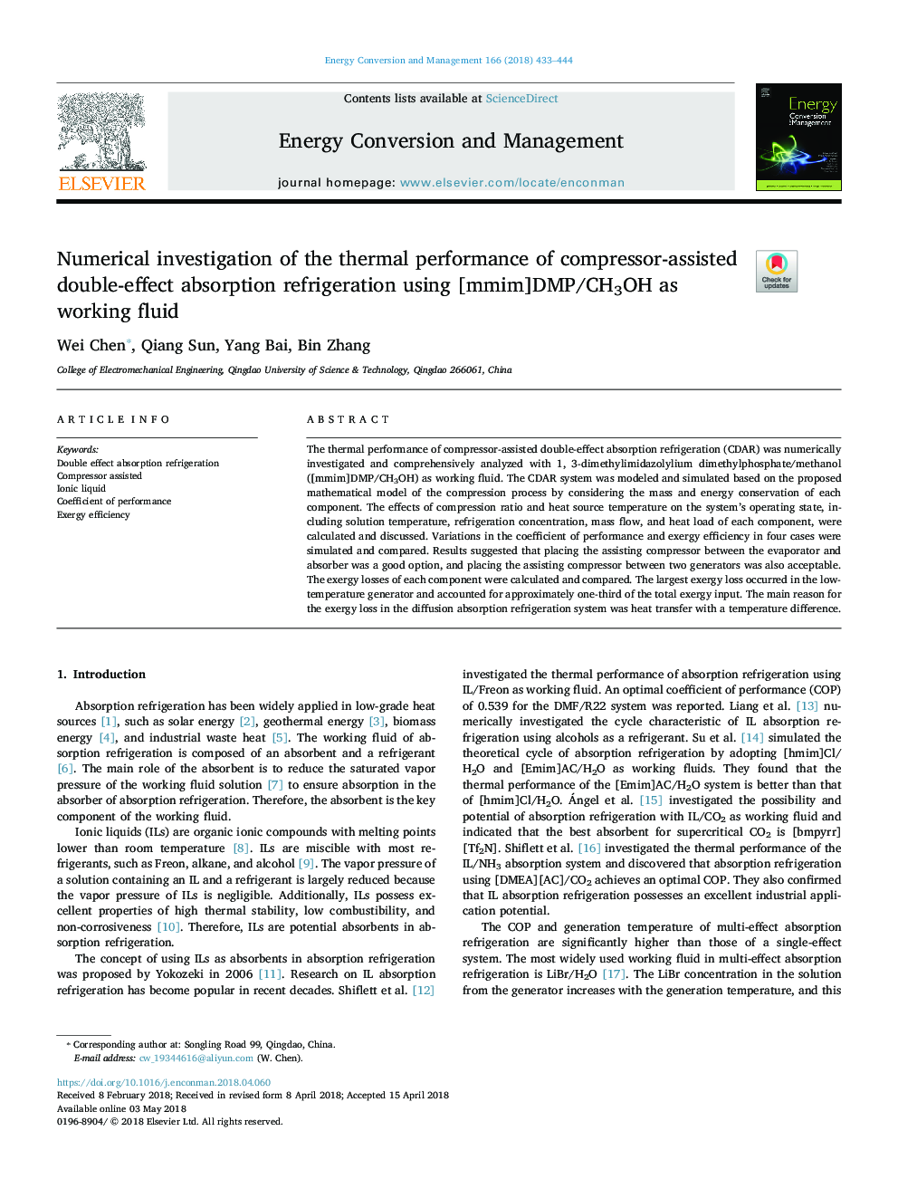 Numerical investigation of the thermal performance of compressor-assisted double-effect absorption refrigeration using [mmim]DMP/CH3OH as working fluid