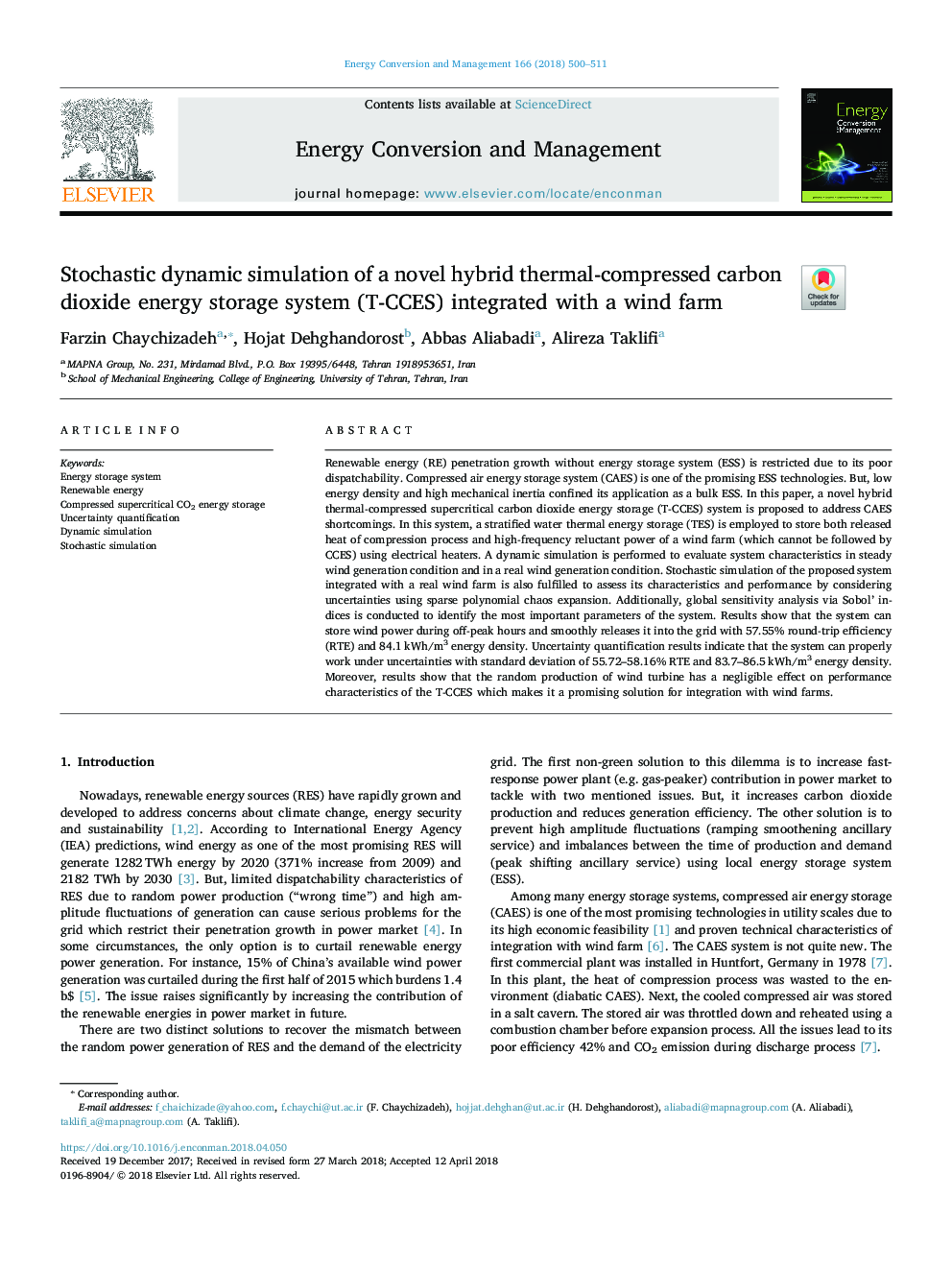 Stochastic dynamic simulation of a novel hybrid thermal-compressed carbon dioxide energy storage system (T-CCES) integrated with a wind farm