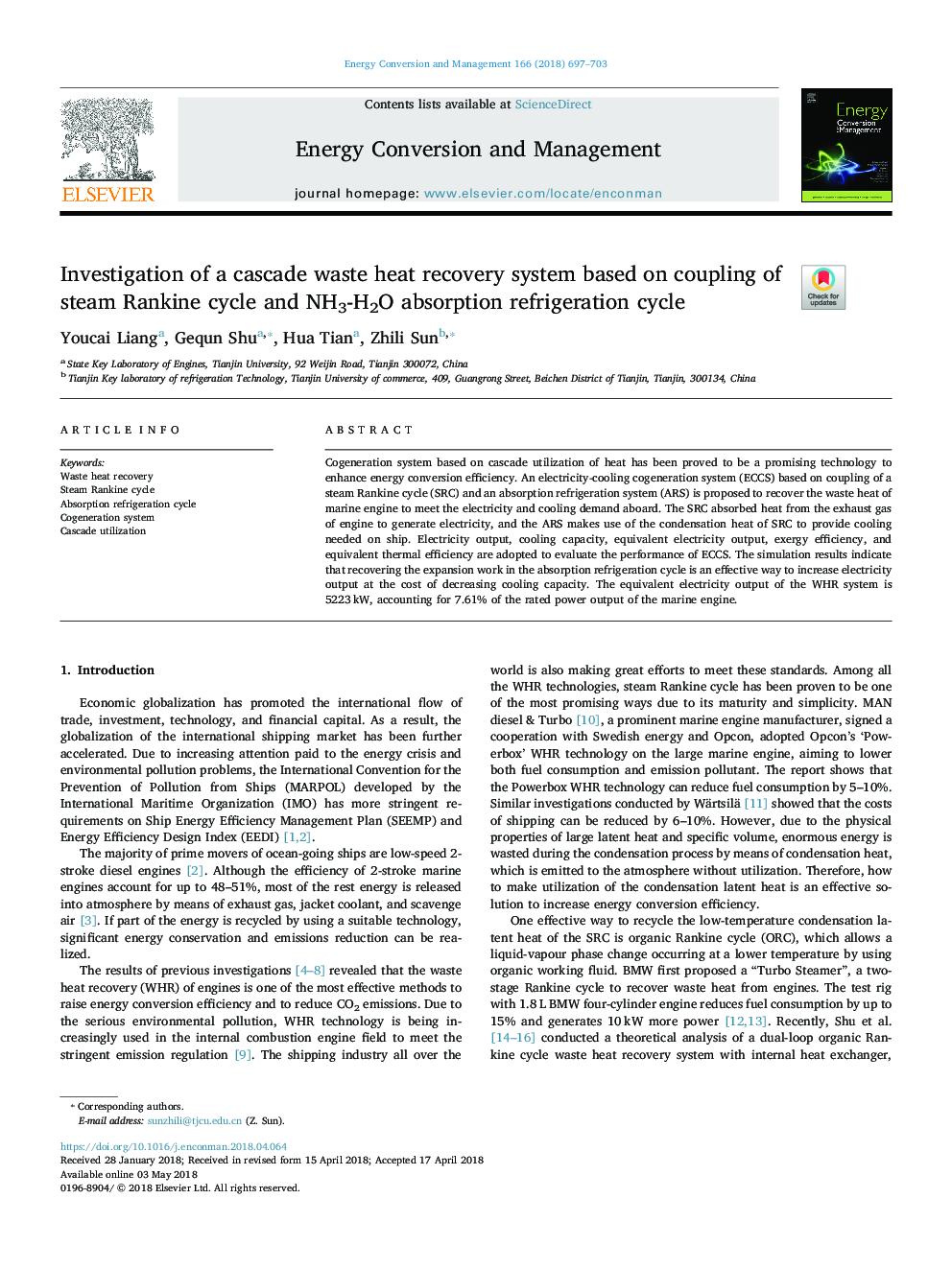 Investigation of a cascade waste heat recovery system based on coupling of steam Rankine cycle and NH3-H2O absorption refrigeration cycle