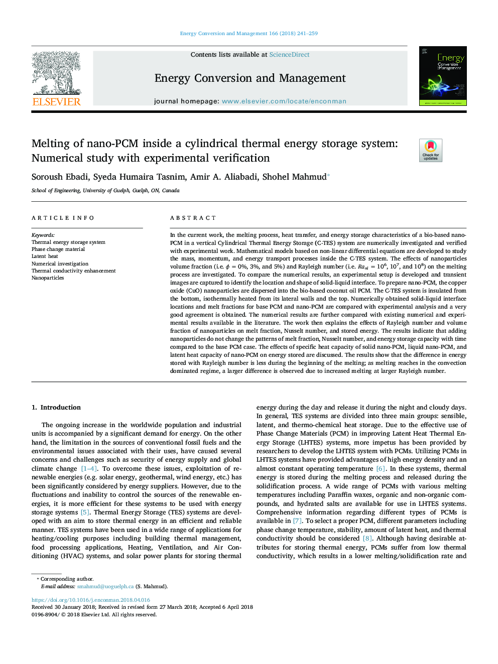 Melting of nano-PCM inside a cylindrical thermal energy storage system: Numerical study with experimental verification