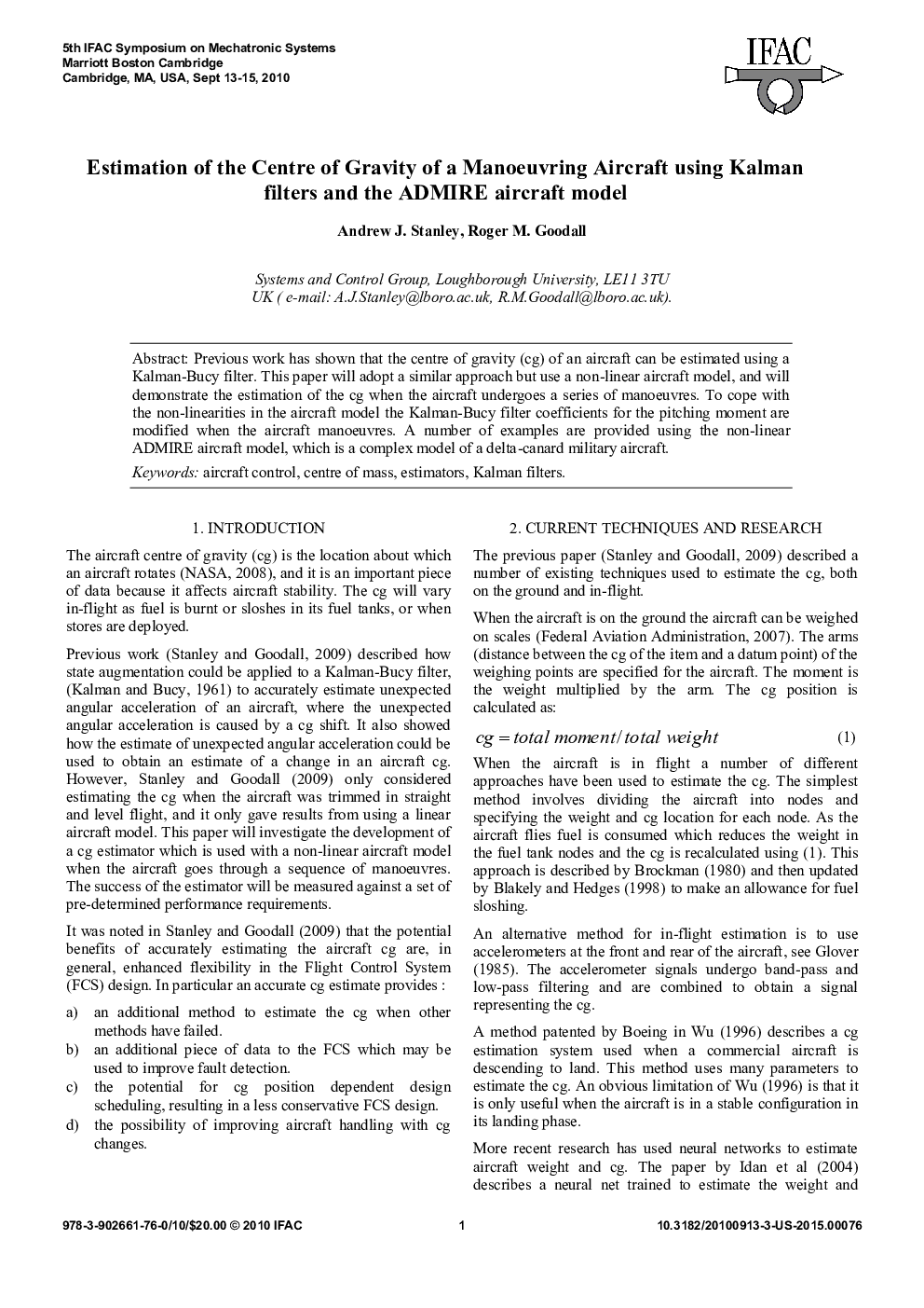 Estimation of the Centre of Gravity of a Manoeuvring Aircraft using Kalman filters and the ADMIRE aircraft model