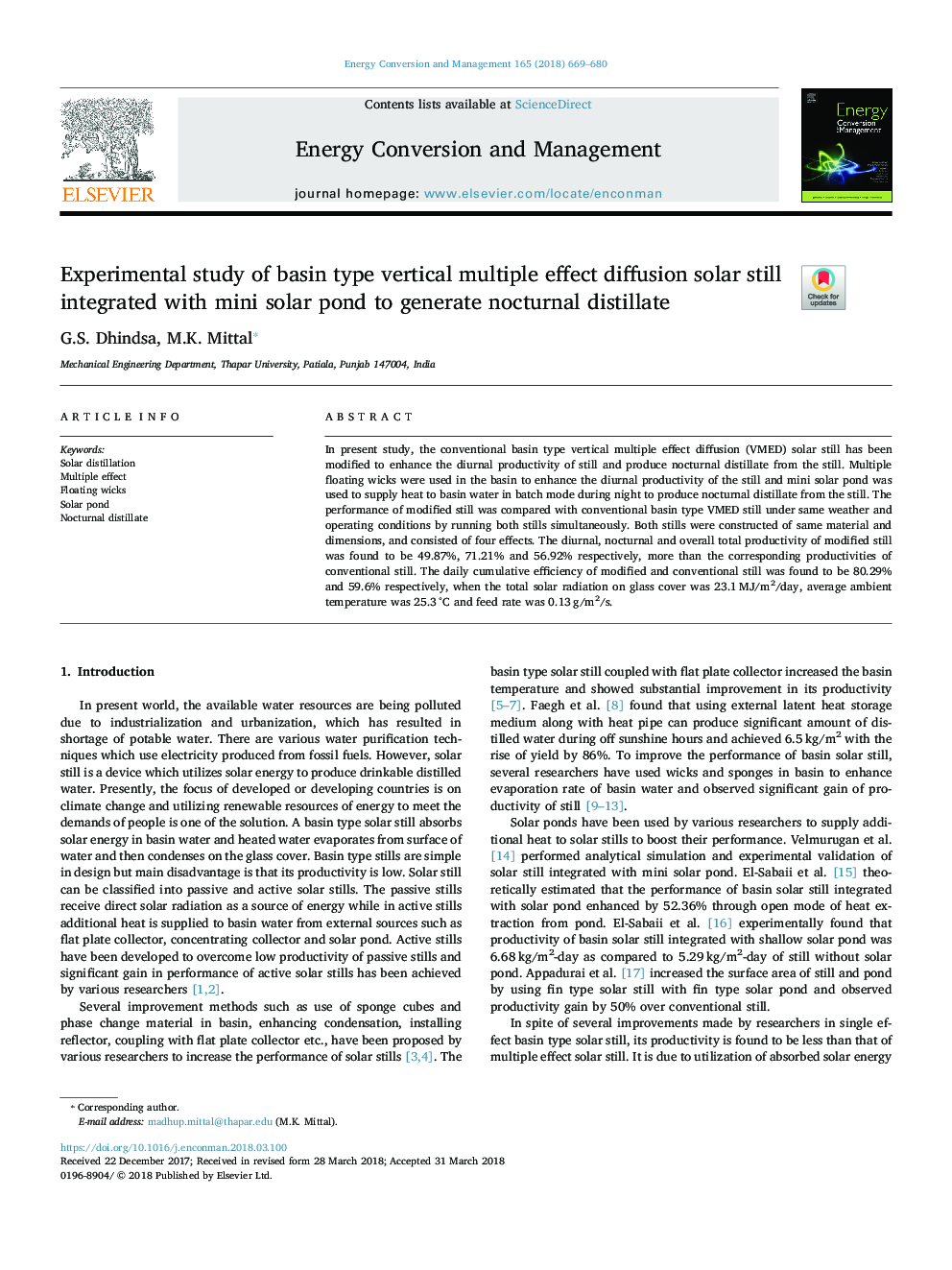 Experimental study of basin type vertical multiple effect diffusion solar still integrated with mini solar pond to generate nocturnal distillate