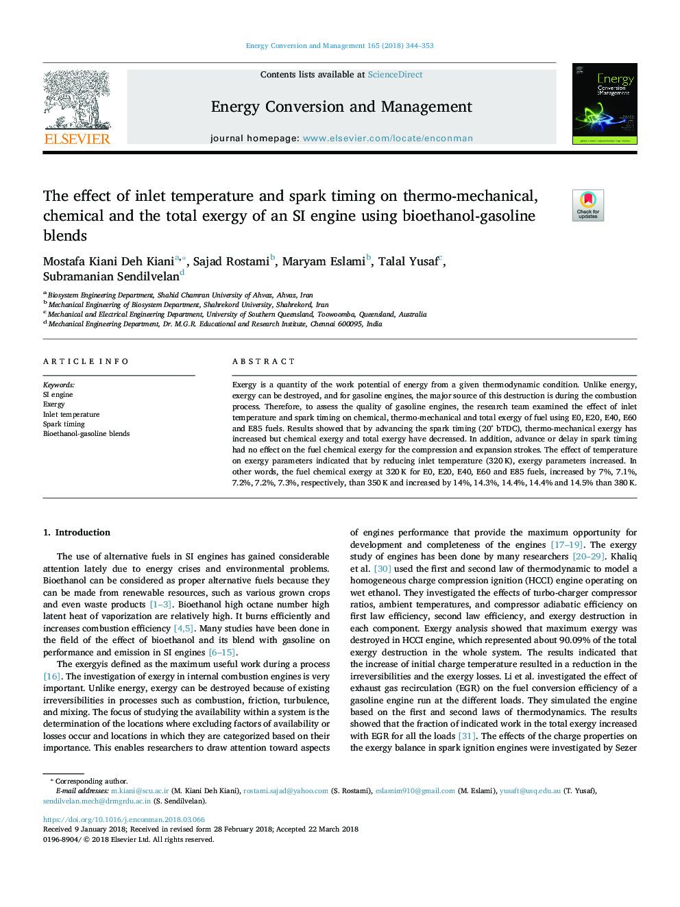 The effect of inlet temperature and spark timing on thermo-mechanical, chemical and the total exergy of an SI engine using bioethanol-gasoline blends