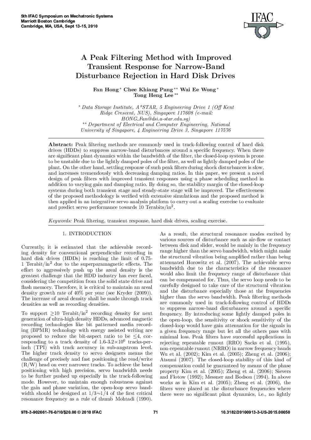 عکس صفحه اول مقاله: A Peak Filtering Method with Improved Transient Response for Narrow-Band Disturbance Rejection in Hard Disk Drives A Peak Filtering Method with Improved Transient Response for Narrow-Band Disturbance Rejection in Hard Disk Drives