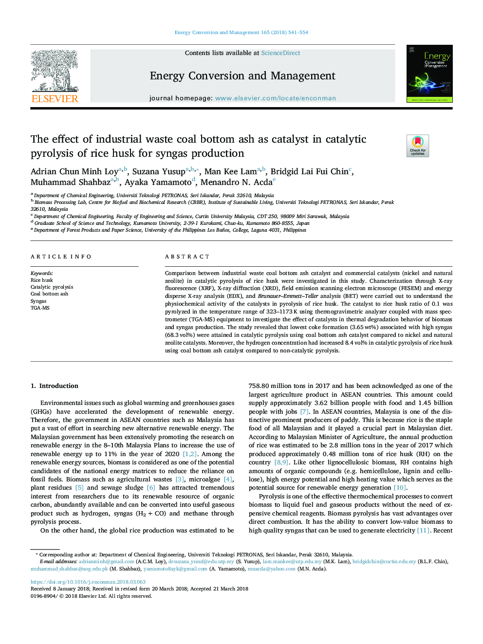 The effect of industrial waste coal bottom ash as catalyst in catalytic pyrolysis of rice husk for syngas production