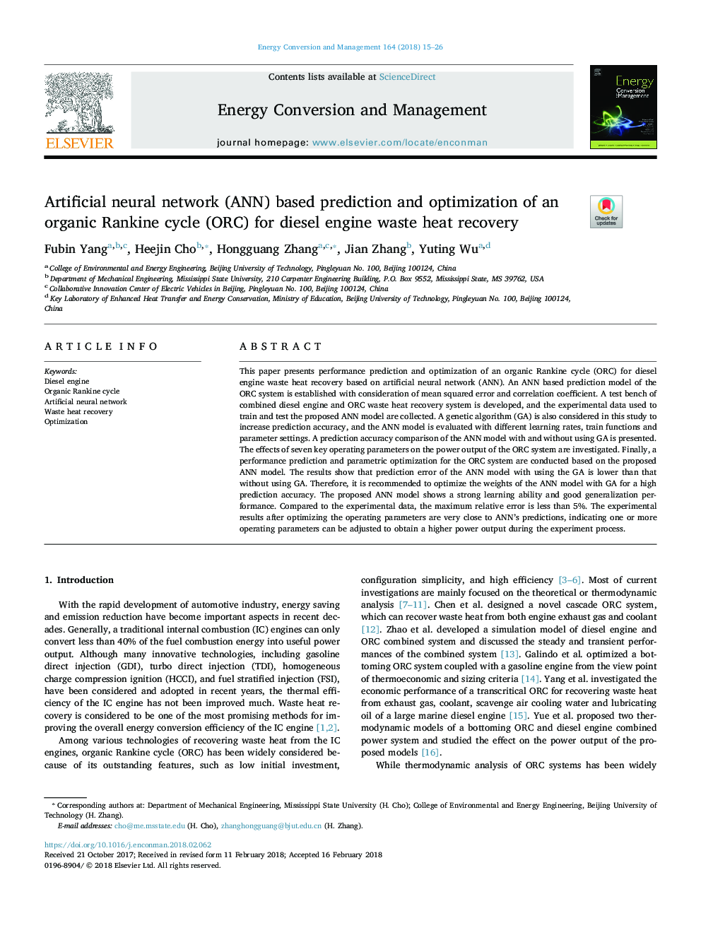 Artificial neural network (ANN) based prediction and optimization of an organic Rankine cycle (ORC) for diesel engine waste heat recovery