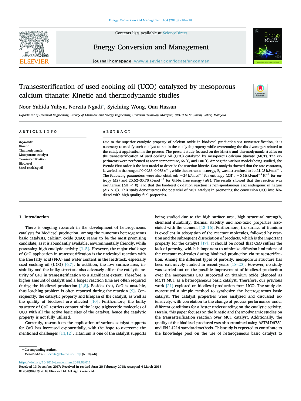 Transesterification of used cooking oil (UCO) catalyzed by mesoporous calcium titanate: Kinetic and thermodynamic studies