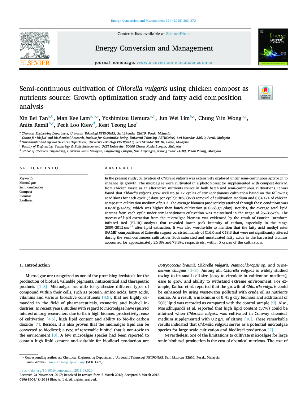 Semi-continuous cultivation of Chlorella vulgaris using chicken compost as nutrients source: Growth optimization study and fatty acid composition analysis