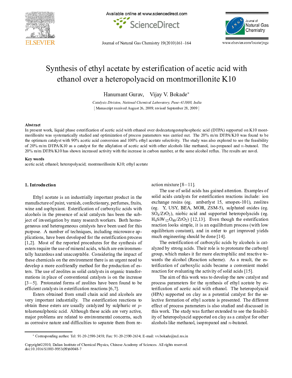 Synthesis of ethyl acetate by esterification of acetic acid with ethanol over a heteropolyacid on montmorillonite K10