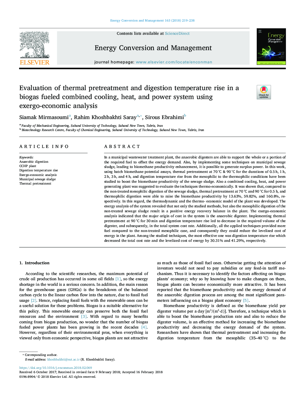 Evaluation of thermal pretreatment and digestion temperature rise in a biogas fueled combined cooling, heat, and power system using exergo-economic analysis