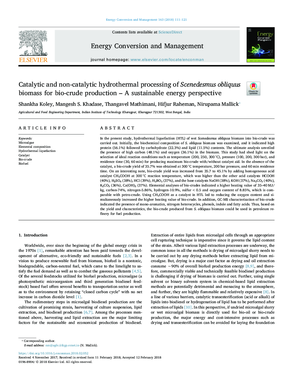 Catalytic and non-catalytic hydrothermal processing of Scenedesmus obliquus biomass for bio-crude production - A sustainable energy perspective