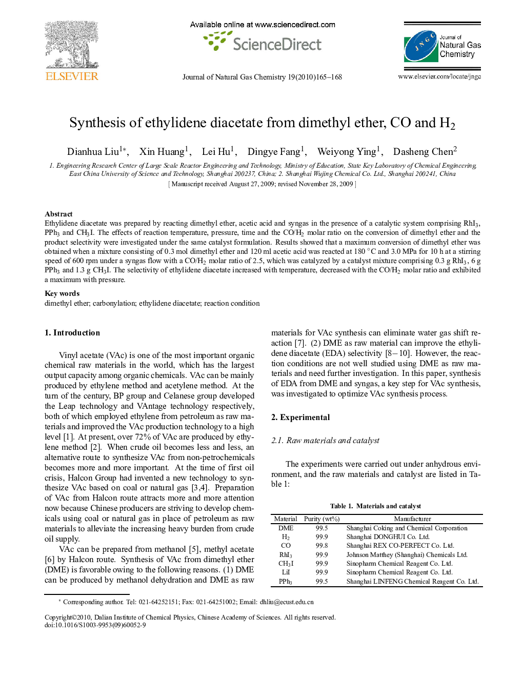 عکس صفحه اول مقاله: Synthesis of ethylidene diacetate from dimethyl ether, CO and H2 Synthesis of ethylidene diacetate from dimethyl ether, CO and H2